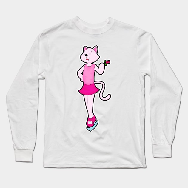 Cat at Ice skating with Flower Long Sleeve T-Shirt by Markus Schnabel